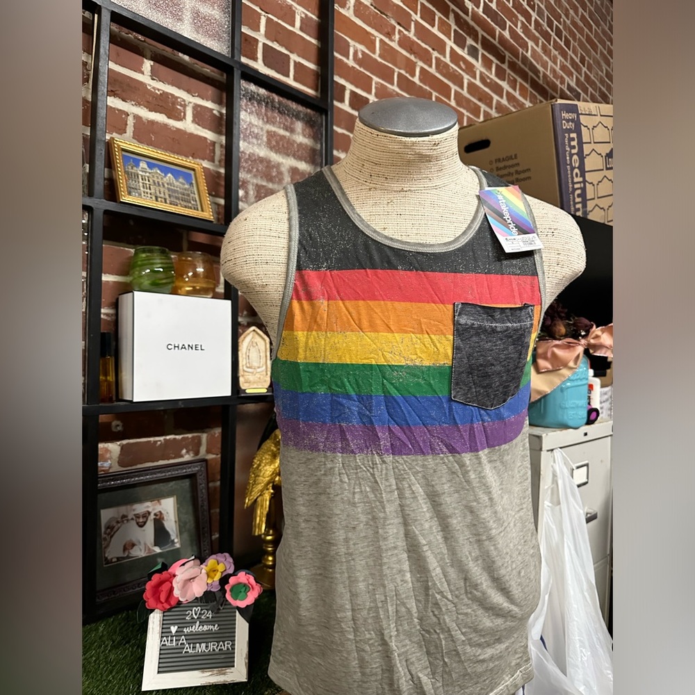 inclusive rainbow LGBTQ plus pride tank top shirt Unisex Stripe Black Pocket